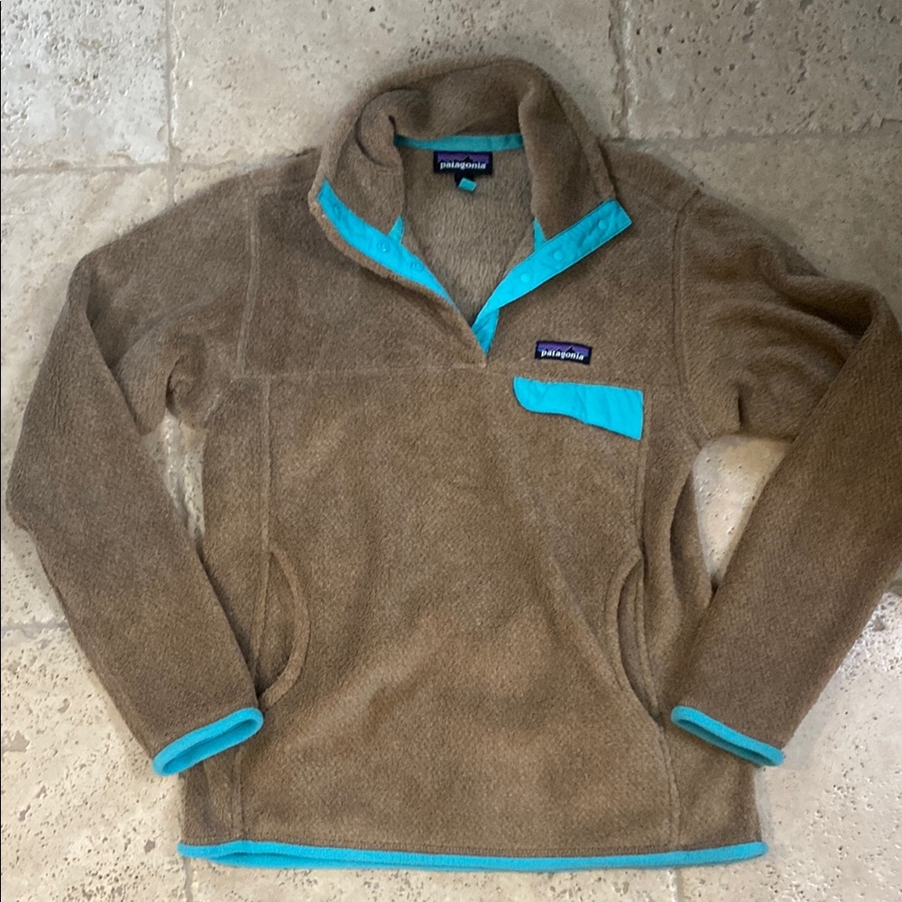 Patagonia Brown Fleece Pullover with Blue Accents Sz Small